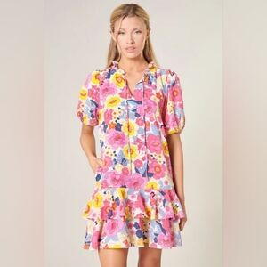 NWT Sugarlips Floral Puff Sleeve Dress, M, Ruffle, Pockets, Multicolor Pink Blue